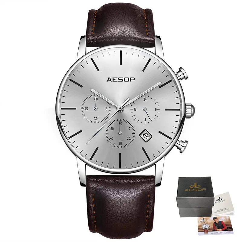 Silver with box AESOP ультра-тонкие часы для мужчин Роскошные Мужские Спортивные кварцевые наручные часы кожаные мужские часы наручные часы водонепроницаемые Relogio Masculino - Цвет: Silver with box