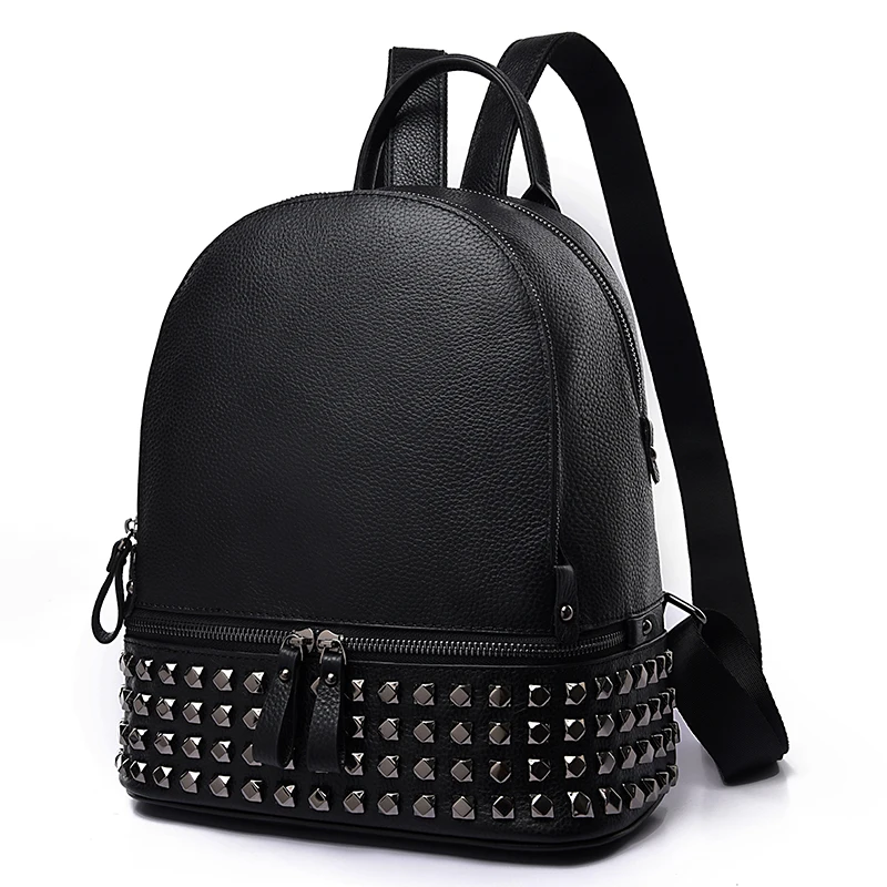 Black Rivet Модный женский рюкзак с заклепками, брендовый рюкзак из натуральной кожи, вместительная школьная сумка, дизайнерская простая задняя Сумка - Цвет: Black Rivet