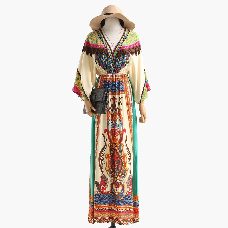 

PERHAPS U Print Geometric V Neck Loose Holiday 3/4 Flare Sleeve Maxi Long Dress Bohemian Boho Summer D0261