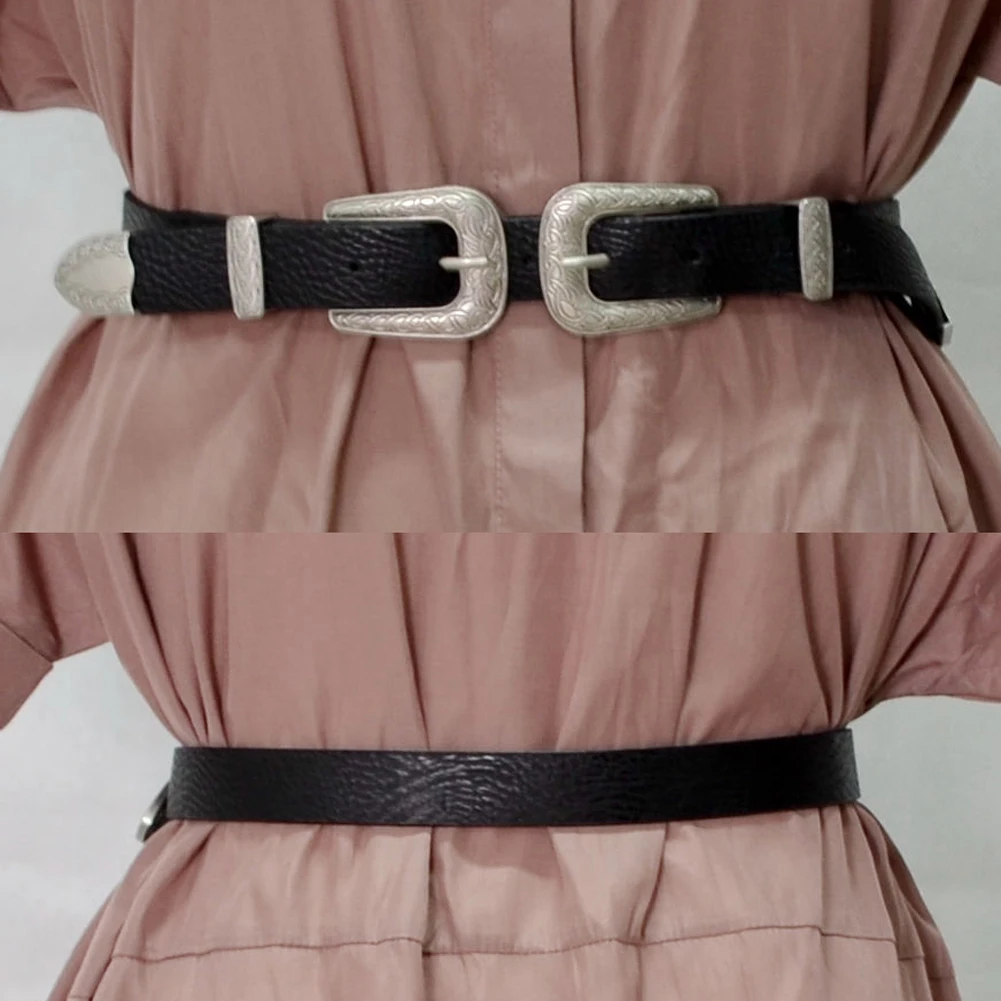 Для женщин богемный ремень Винтаж Металл кожа двойной пряжки ремня пояс Ceinture Femme