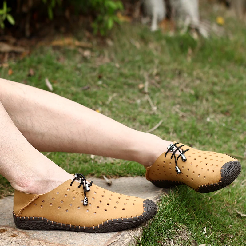 Summer Breathable Hole Shoes Mens Casual Genuine Leather Slip On Brand Fashion Man Soft Comfortable Zapatos | Обувь