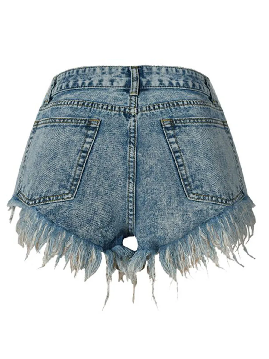 

Frayed Holes Fringe Slim Denim Shorts Summer Tassel Snowflakes European Style Pocket Jeans Causal Sexy High Waist Cut Off Shorts