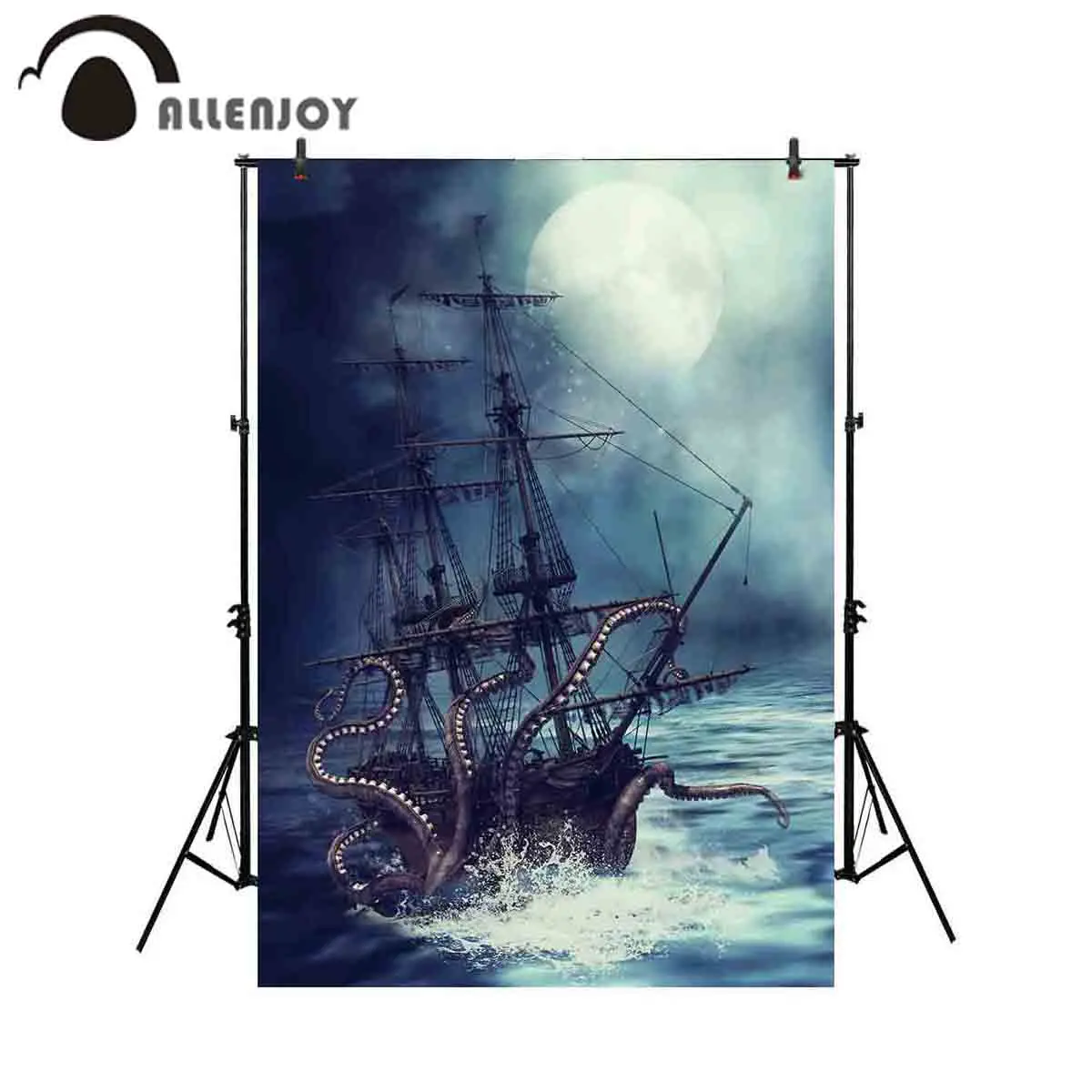 

Фон для профессиональной фотосъемки Allenjoy Пиратский Корабль Огромный Осьминог тусклая луна ужасная морская поверхность фон для фотосъемки ...