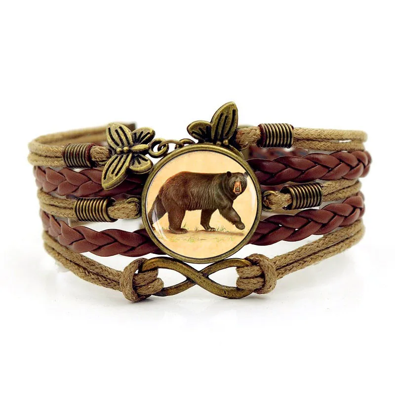 Handmade Leather bracelet Glass convex combination Bear Vintage Jewelry Multilayer Infinity bracelets birthday gift | Украшения и