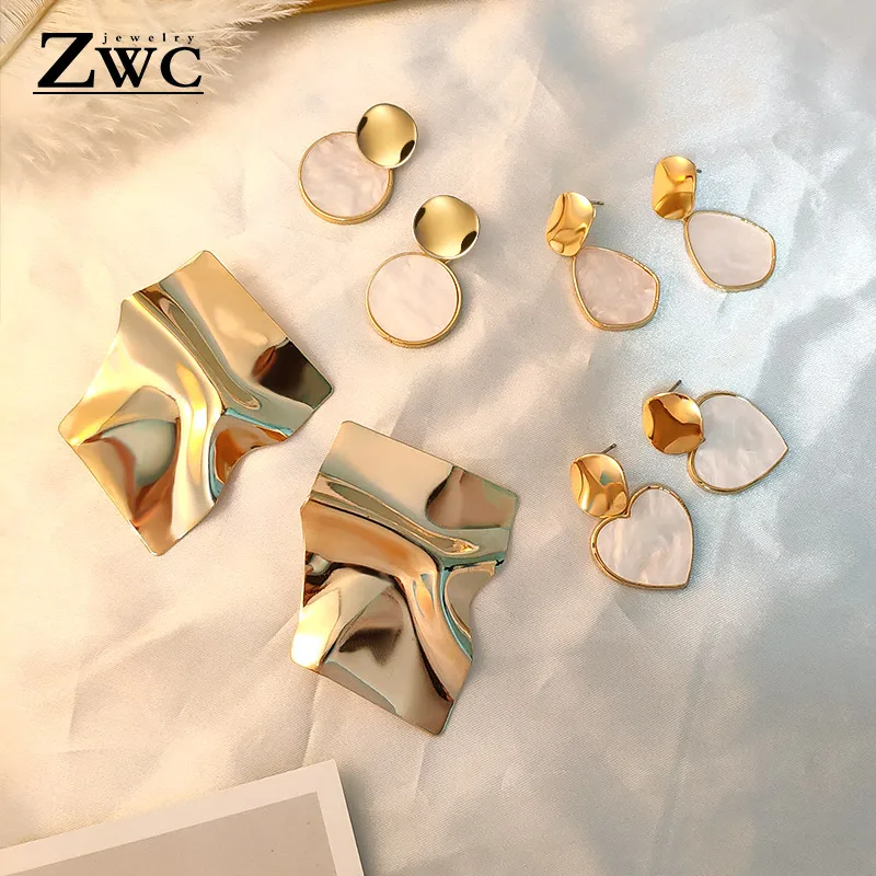 ZWC новые модные корейские золотые серьги в форме сердца для женщин и девушек, вечерние серьги с геометрическим орнаментом