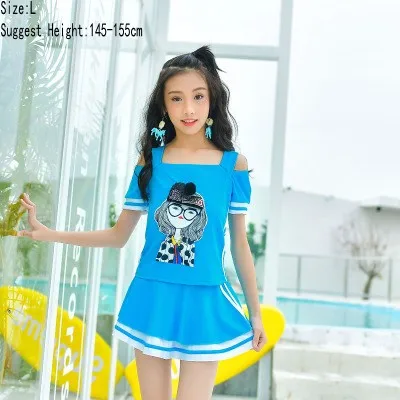 Sky Blue L Детский купальный костюм, купальный костюм с открытыми плечами и мультипликационным принтом для больших девочек, купальный костюм, костюм из 3 предметов для 4-15 лет, топ+ штаны+ юбка - Цвет: Sky Blue L