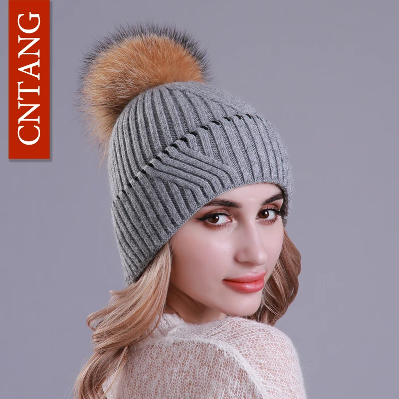 Зимние шерстяные женские шапки CNTANG теплая вязаная шапка с помпоном из