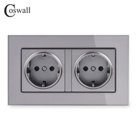 coswall 16a double eu standard wall socket crystal glass panel power outlet grounded with child protective door grey gray