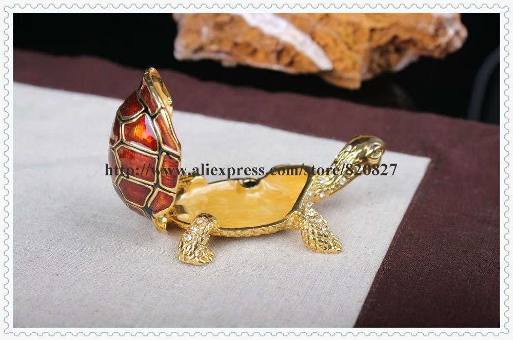 Turtle Trinket Jewelry Box with Sparkling Crystals Longer Neck Metal Enamel Tortoise Trinket Traditional Jewelry Box