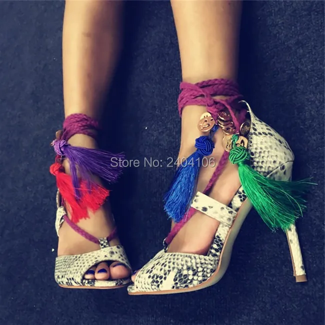 Snakeskin Peep Toe Ladies Shoes Size 43 Summer Gladiator Sandal Fringe Strappy Heels Sexy Stilettos Lace Up Tassel Sandals Women | Обувь