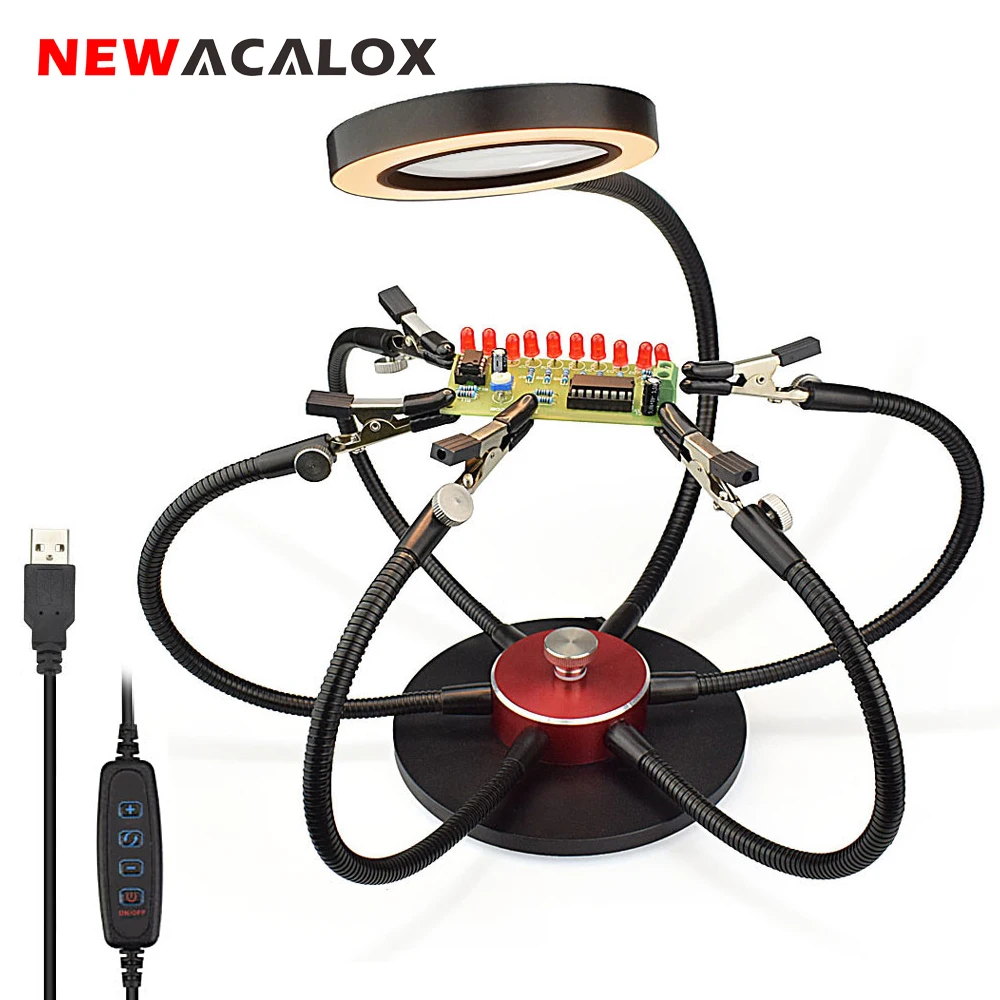 NEWACALOX держатель для паяльника USB СВЕТОДИОДНЫЙ светильник 3X увеличительное стекло 6 шт. гибкие ручки паяльная станция инструмент для сварки третьей стороны