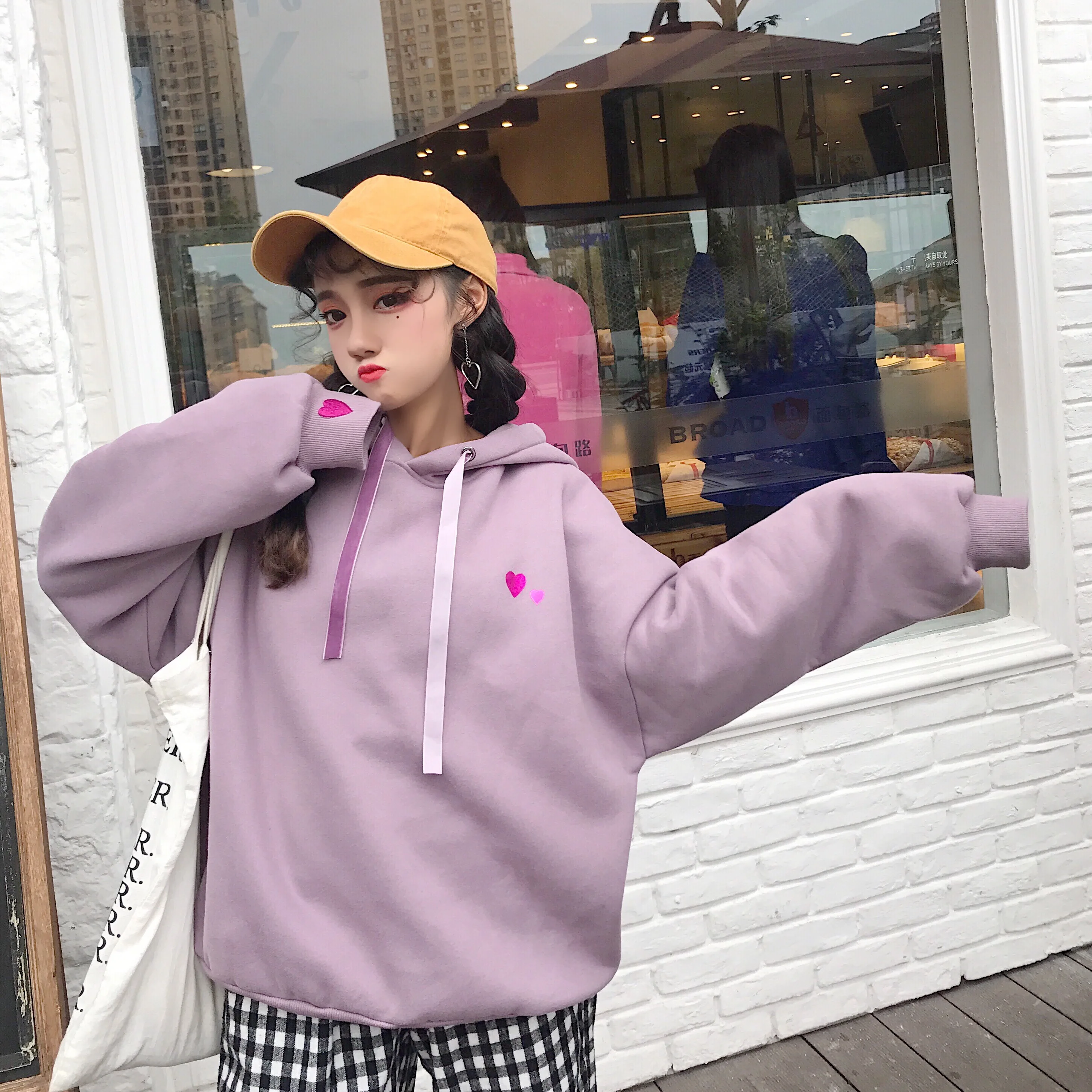 Harajuku толстовка женская осень зима корейский стиль милое сердце флис толстый с капюшоном длинным рукавом кофты Женские топы