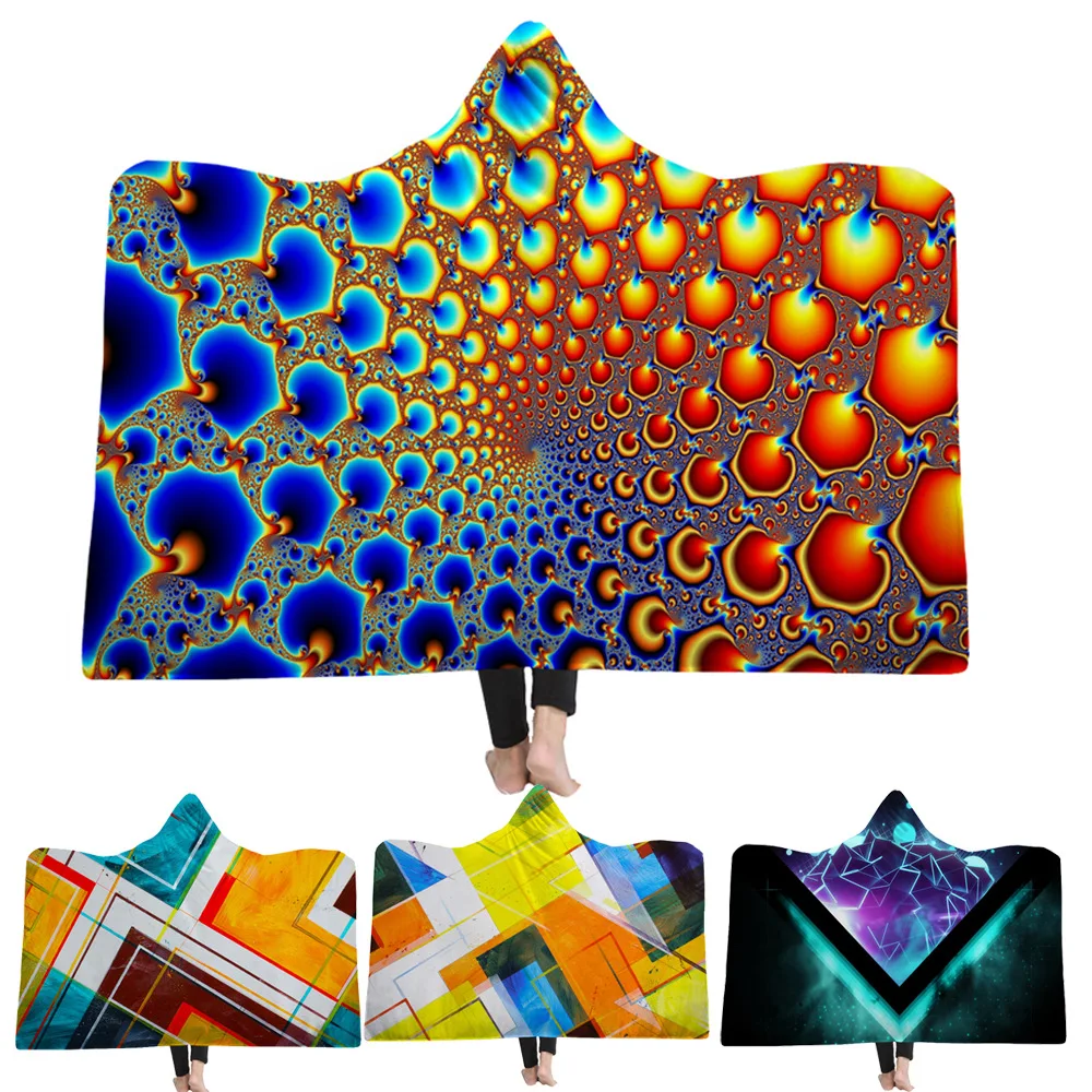 Фото Индивидуальные геометрические узоры 3D печатные плюшевые одеяла с капюшоном для