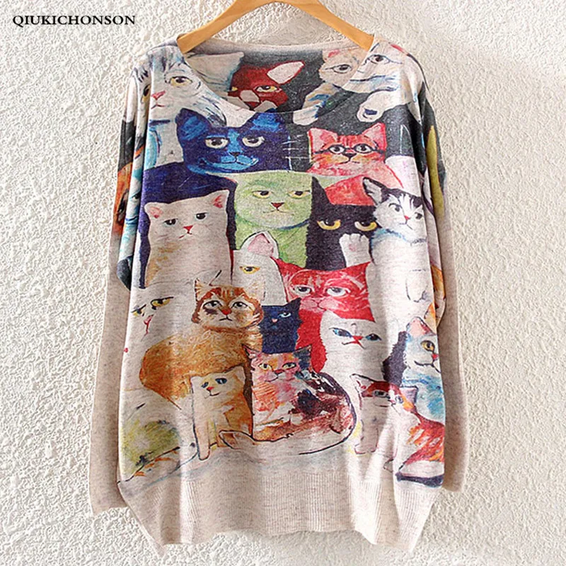 Qiukichonson womens sweaters 2018 spring autumn European Style Casual Cute Cats Print Ladies Knitted Pullover Jumpers Plus Size | Женская