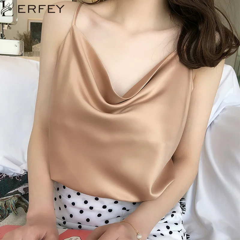 LERFEY женское Клубное атласная однотонные майки Топ на бретельках Лето футболки с