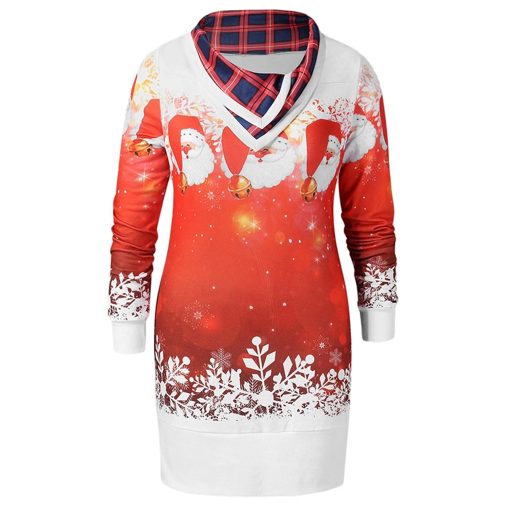 Плюс размеры Санта Клаус печати Графический Рождество Толстовка Осень Зима Топы