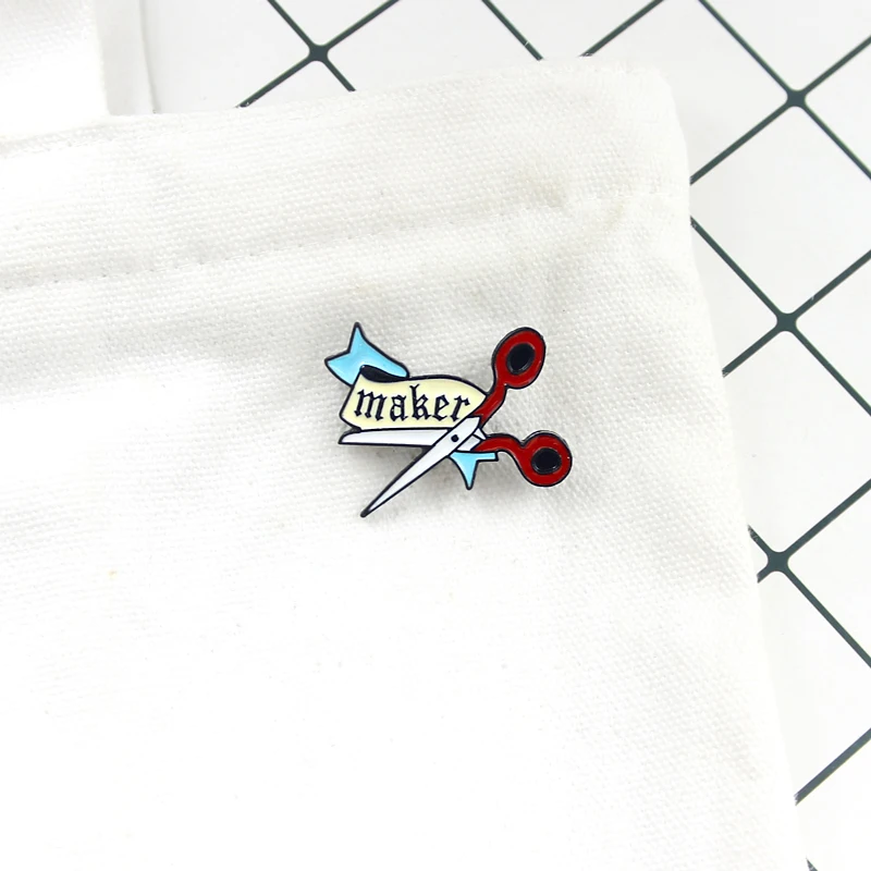 Red Scissors MAKER Brooch Blue Ribbon Button Scissors Enamel Pins Lapel Pin Backpack Hat Badge Mother Hard Worker Jewelry Gift images - 6