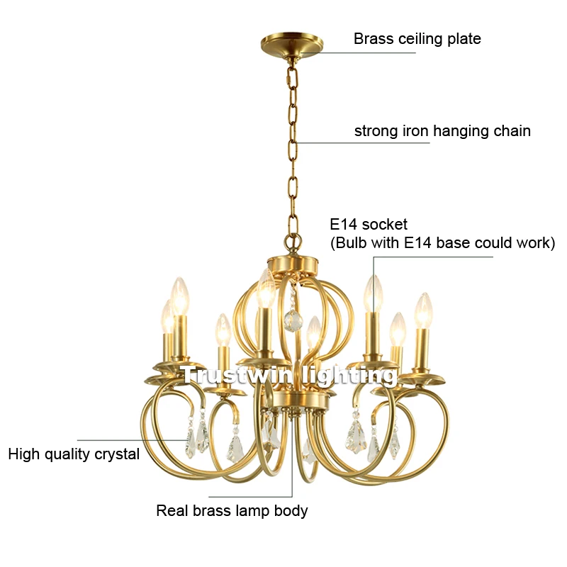 Американская медная хрустальная люстра освещение для фойе столовой гостиной