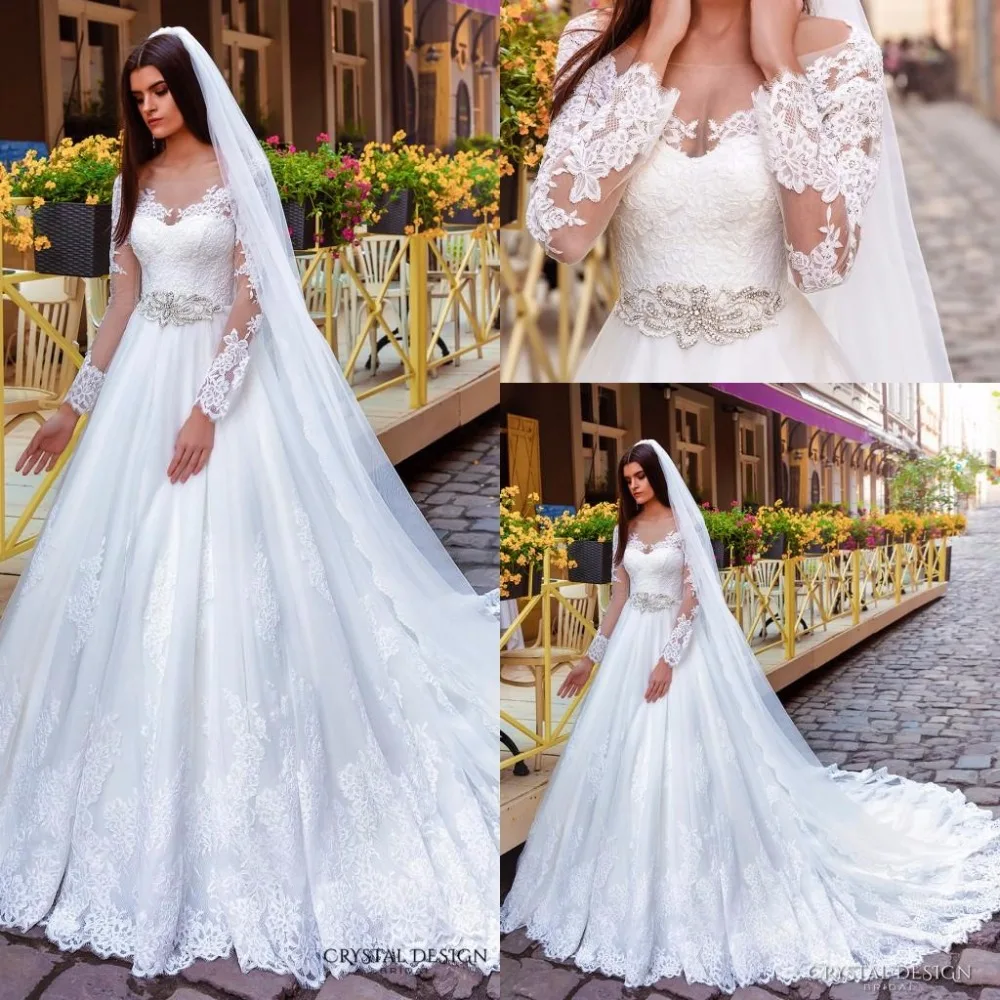 2017 Vintage Кристаллы Дизайн Sheer Шеи Длинные Рукава Кружева Аппликации Строки Халат