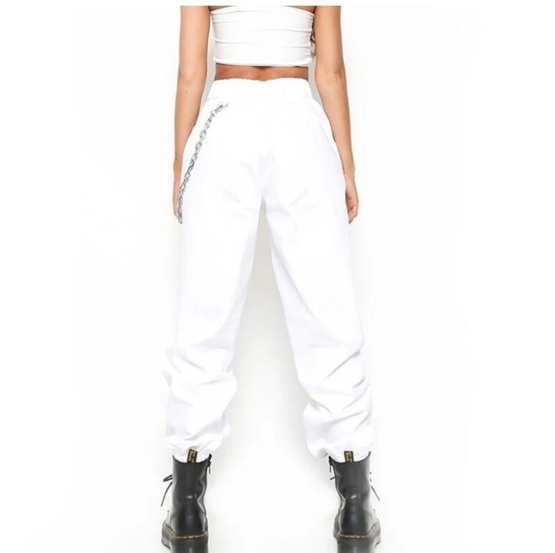 Women Hip Hop Cargo Pants Casual Wide Leg High Waist Solid Loose Army Trousers Female Chain Streetwear 2019 HOT | Женская одежда
