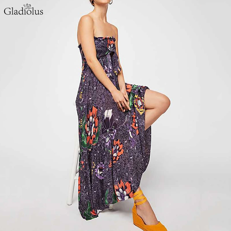 Женское шифоновое платье макси Gladiolus Boho длинное пляжное без бретелек с открытой