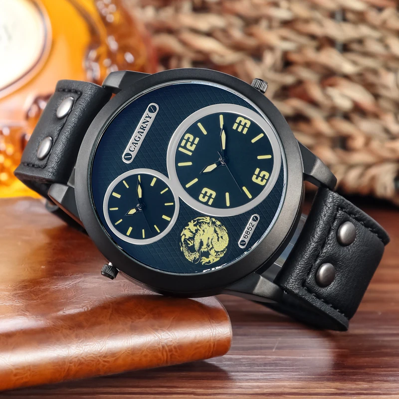 

Mens Watches Luxury Brand Cagarny 6852 Leather Strap Quartz Dual Time Zone Analog Date Men Sports Military Oversize Wristwatch