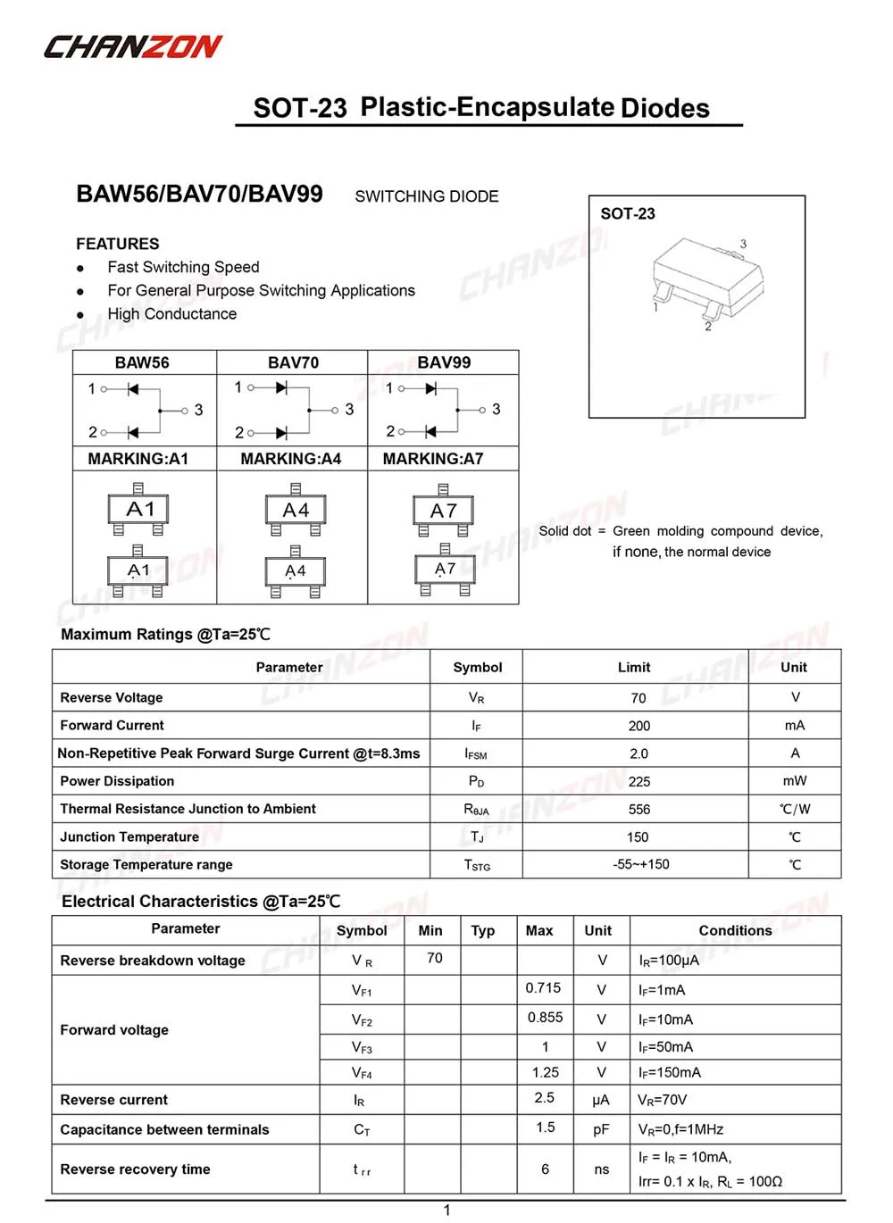 100 шт.) BAV70 SMD малого сигнала быстрое переключение диоды для подавления переходных скачков напряжения 200mA 70 V СОТ-23(СОТ-23-3) 200 мА 70 вольт(маркировка A4