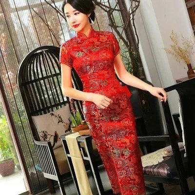 red SHENG COCO золотой парчи Qipao китайские платья узор Лето Атлас Qipao наклона пряжки длинные модератор одежда зеленый XXXL - Цвет: red