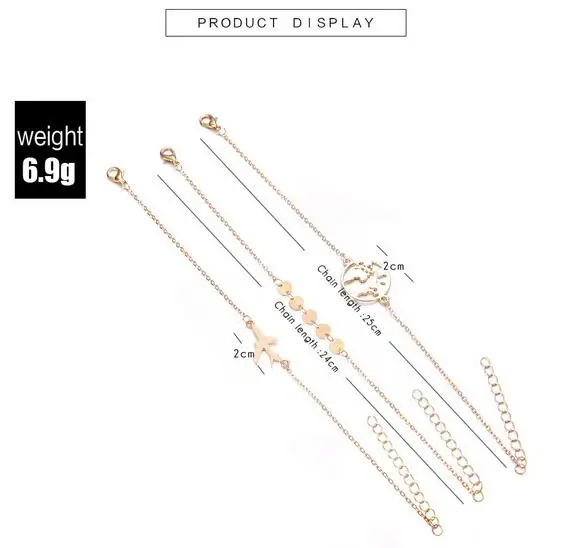 3 Pcs/ Set Punk Aircraft Map Round Chain Gold Pendant Women Bracelet Fashion Creative Clothing Jewelry Accessories | Украшения и