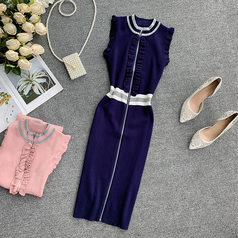 ALPHALMODA 2019 Ретро вязаное платье с плиссированной отделкой на молнии без рукавов