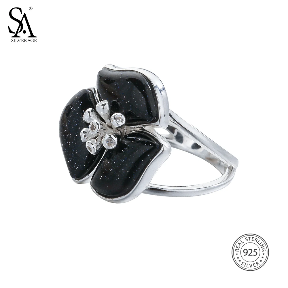 SA SILVERAGE, 925 пробы, серебряное кольцо с цветами из авантюрина, обручальное кольцо для женщин, хорошее ювелирное изделие, черные женские кольца, стразы