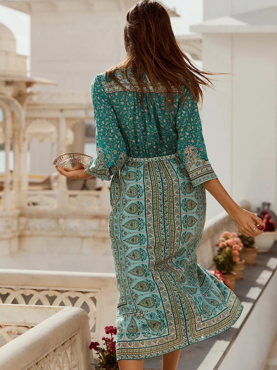 Nastassia шикарное миди платье женское этническое цветочное винтажное платье летняя одежда Бохо пляжное хиппи ретро свободное платье