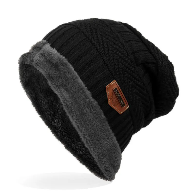 Уличная Толстая вязаная шапка для мужчин теплая зимняя с флисовой подкладкой