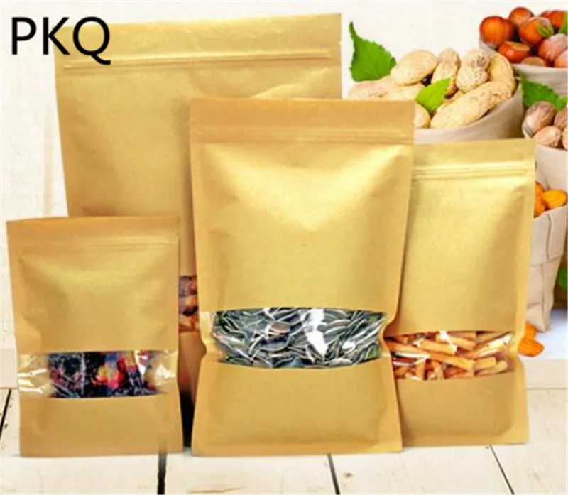 10 шт крафт бумаги сумки с замком на молнии коричневые прозрачным окном