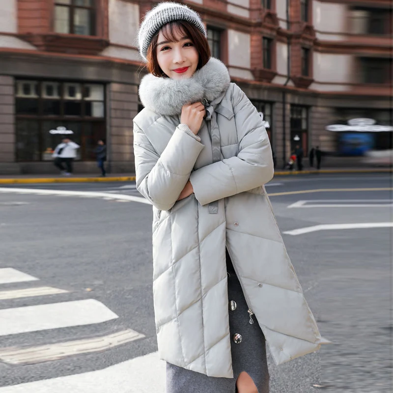 Пуховик женский с натуральным лисьим мехом теплая длинная парка на зиму 2019 |