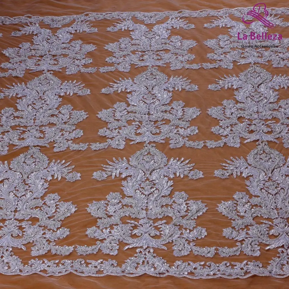 La Belleza pure white large pattern cord lace fabric heavy beaded fabric handmade beading lace gown lace fabric 1 yard