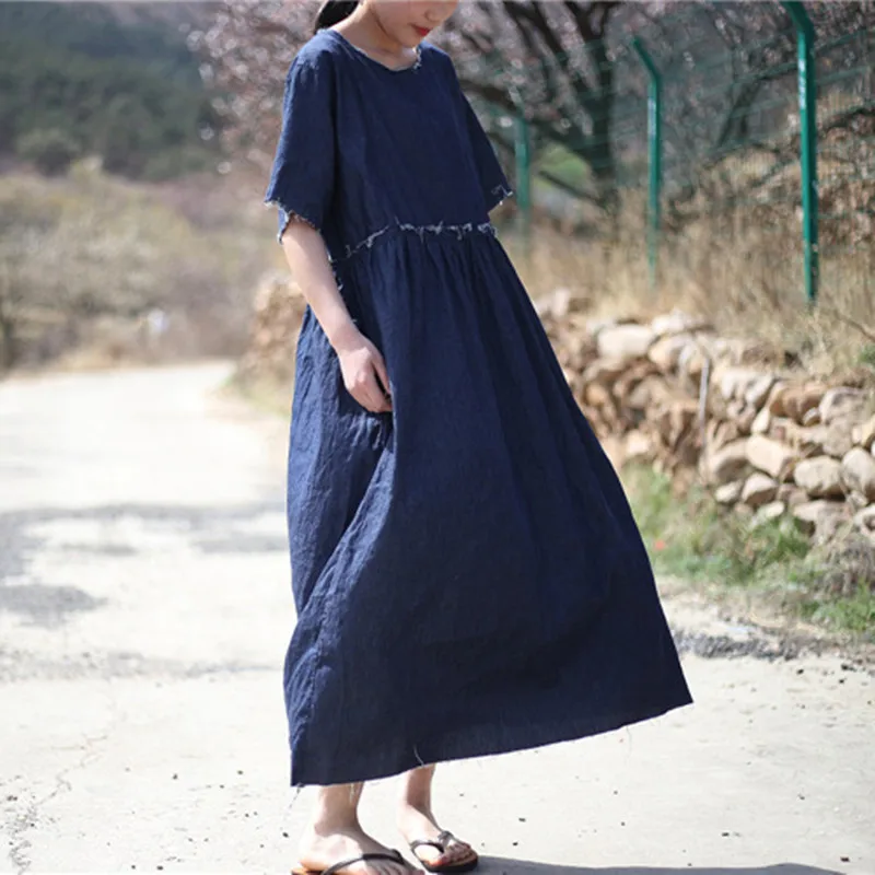 Женское джинсовое платье Johnature летнее из хлопка с коротким рукавом высокой