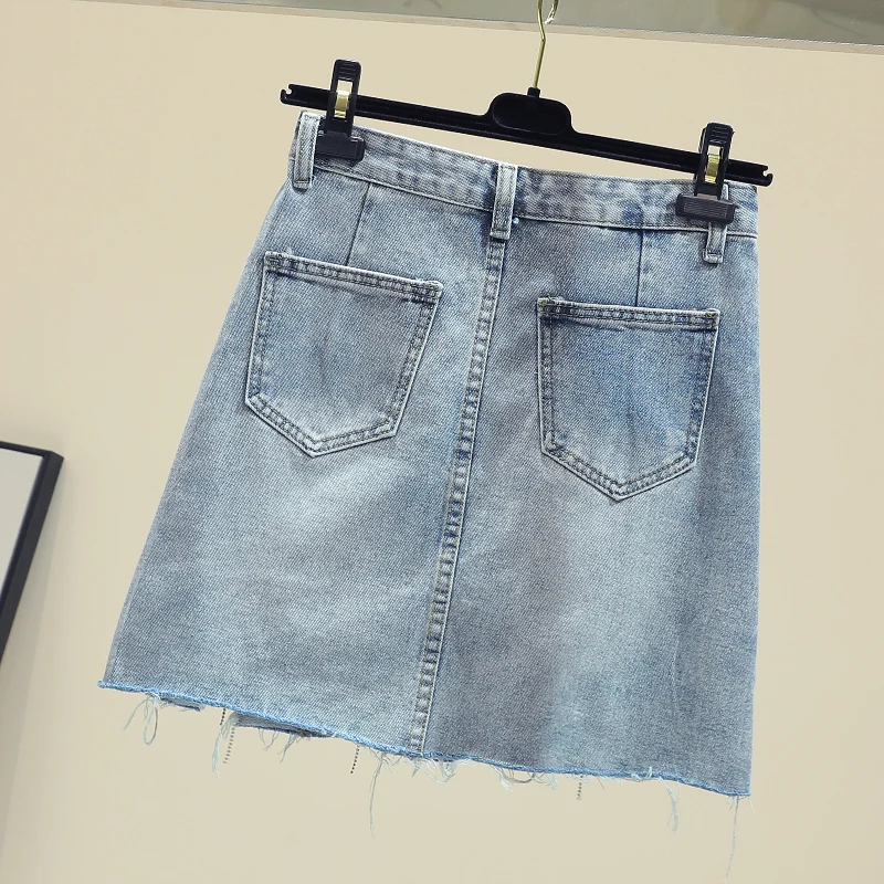 Женская джинсовая юбка с высокой талией рваная со стразами синие джинсовые юбки