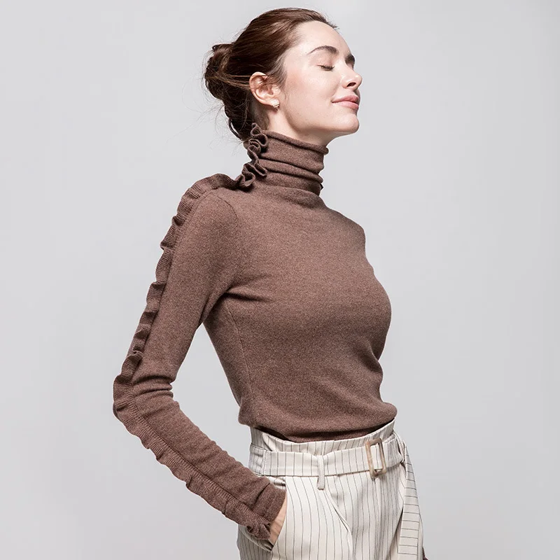 SuyaDream Women Wool Pullover 100%Cashmere Turtleneck Sweater For Ruffles Long Sleeve 2022 Fall Winter Sweaters | Женская одежда