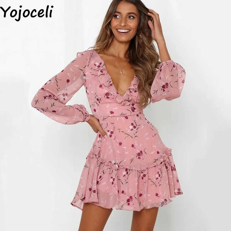 Женское платье с цветочным принтом Yojoceli Осеннее шифоновое мини рюшами на каждый