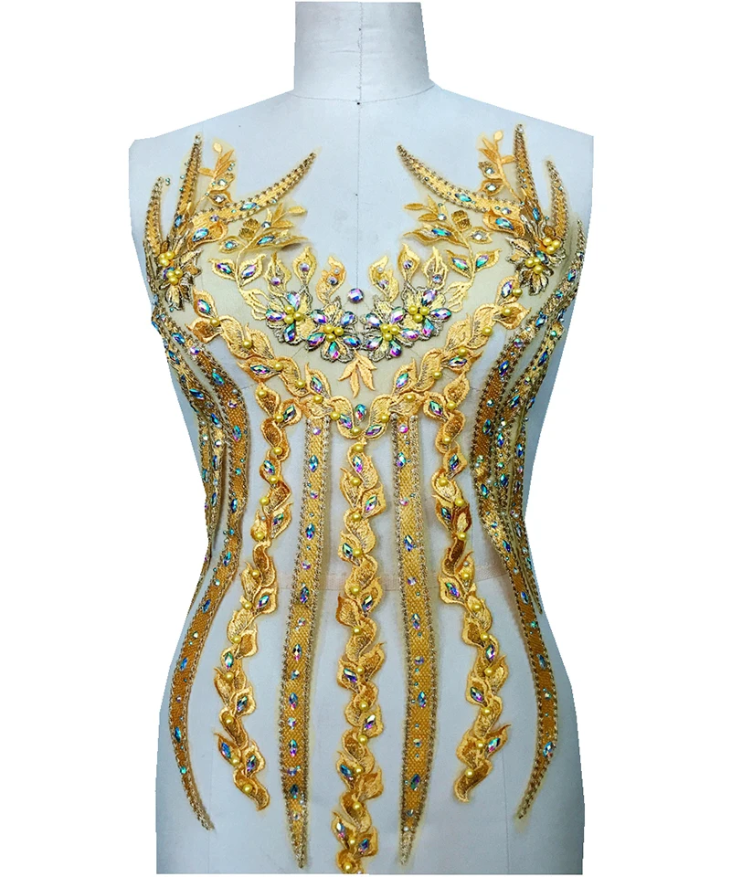 1Piece Sew On Rhinestone Applique Lace Fabric Yellow Red Blue Green Patch Neckline For Wedding Dress | Дом и сад