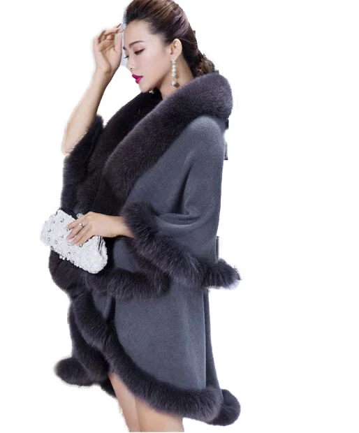 Женское пончо отделано натуральным лисьим мехом от 4 до 6 дюймов из стрейчевой