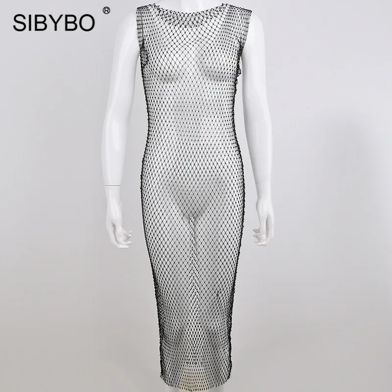 SIBYBO, сексуальное летнее платье в сеточку со сверкающими бриллиантами, открытое прозрачное облегающее платье с разрезом, женская пляжная одежда, платья для вечеринок