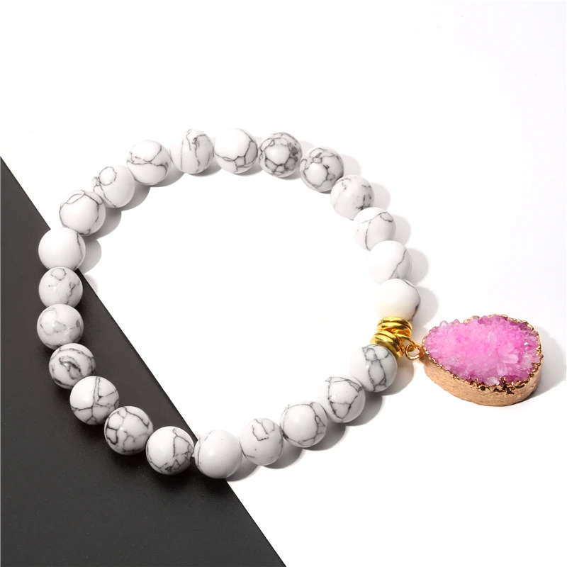 Druzy Agates Pendant Bracelets Women Natural 8 mm Smooth White Turquoises Beads Bracelets For Girls Friendship Bracelet Jewelry