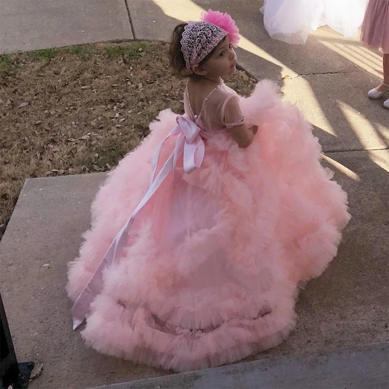 Fancy Puffy Pink Pageant Dresses for Girls Long Kids Ball Gowns Vestidode Tulle Flower Girl Wedding Party | Детская одежда и обувь