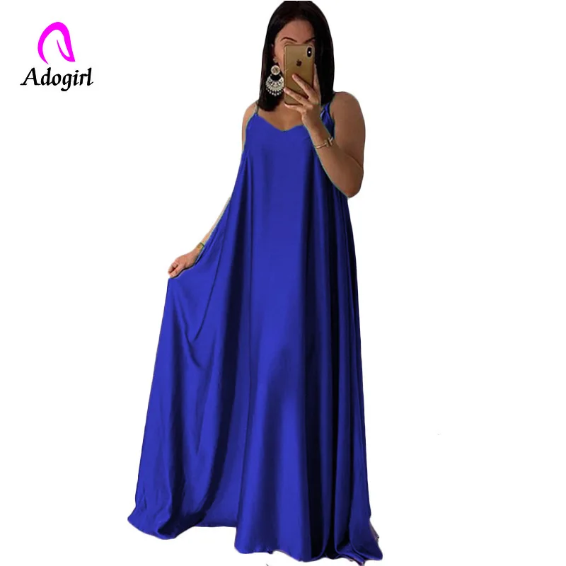 

Adogirl Solid Women Loose Home Dress Summer Beach Spaghetti Strap Sleeveless Silk Casual Long Dress Women Maxi Dress Plus Size