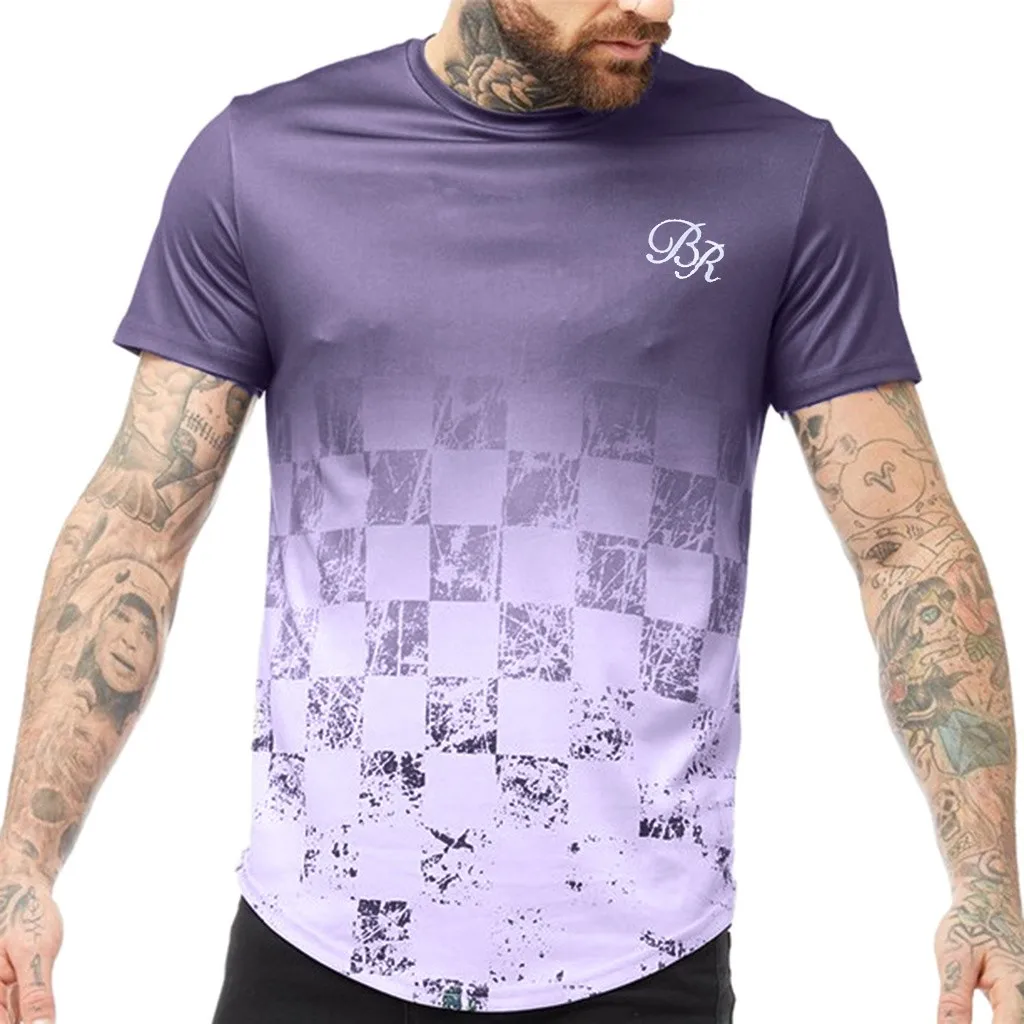 Летняя хлопковая шелковая футболка из шелка и клетчатая с градиентным принтом