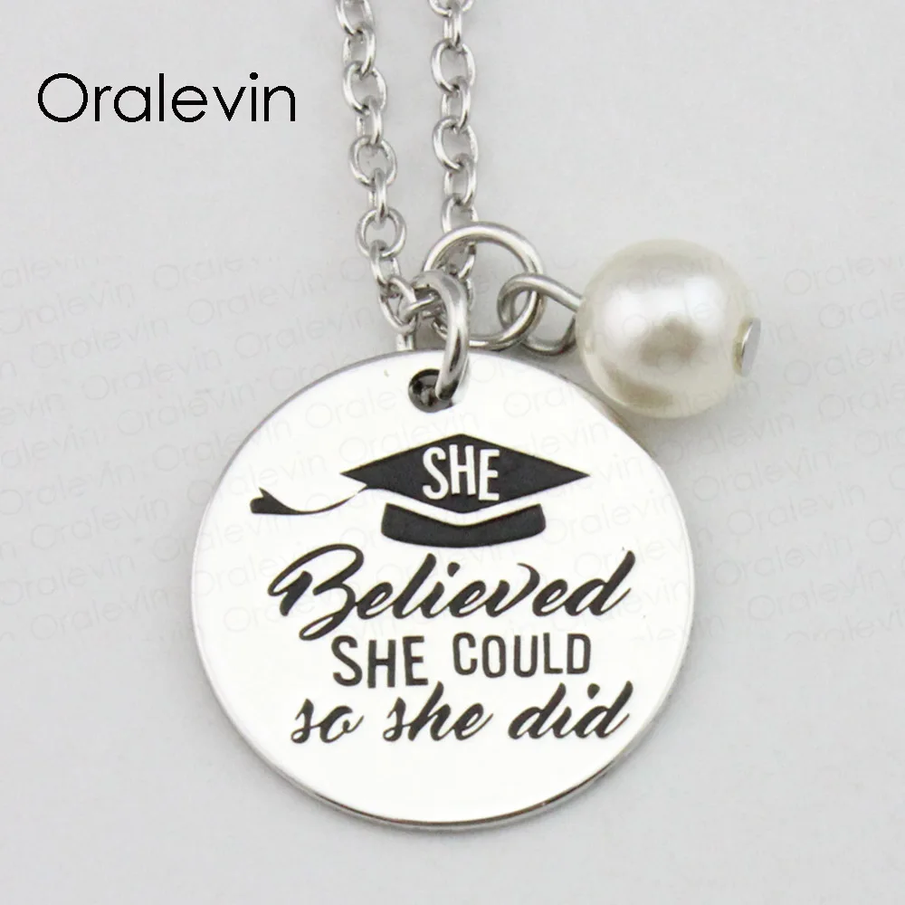 

SHE BELIEVED SHE COULD SO SHE DID Inspirational Hand Stamped Pendant Necklace Jewelry Gift For Graduation,10Pcs/Lot, #LN2362