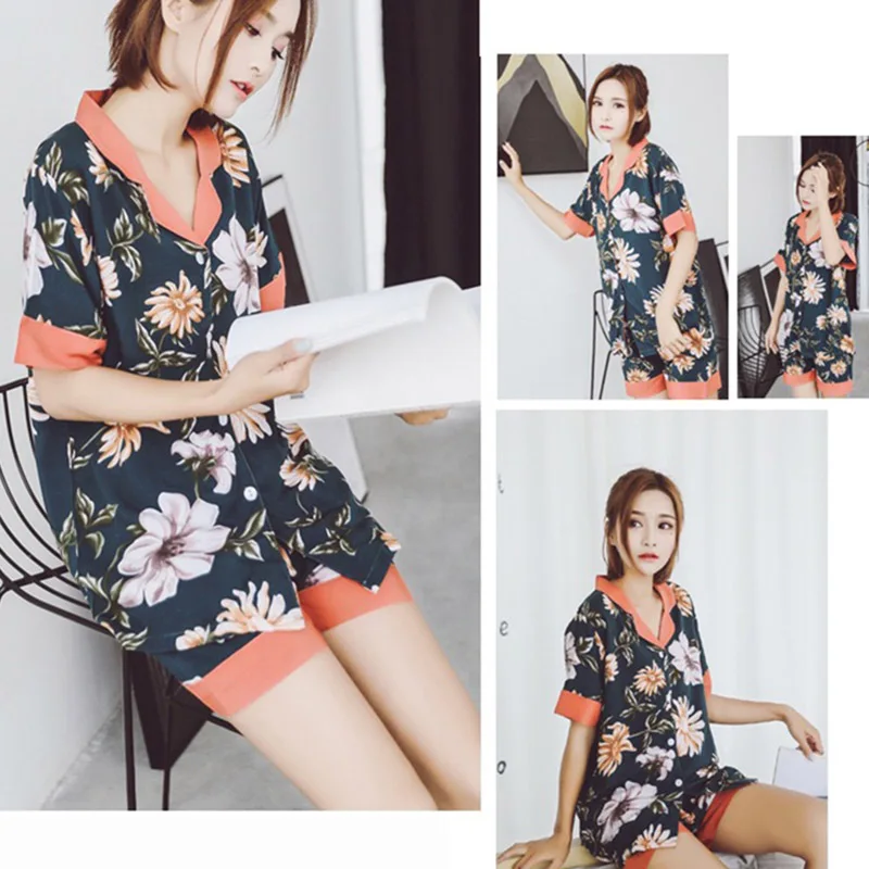 

Summer New Ladies Pajamas Set Comfort Cotton Satin Floral Printed Sleepwear Turn-down Collar Short Sleeve+Shorts Female Homewear