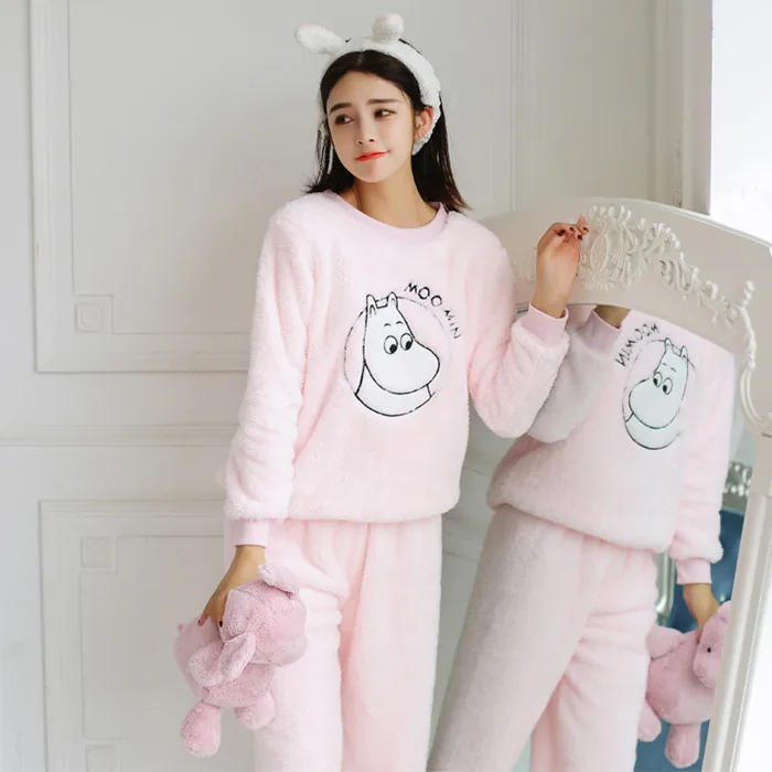 Розовый Moomin, зимние толстые теплые женские пижамные комплекты, коралловый бархатный костюм, фланелевые женские пижамы с длинным рукавом и мультяшным медведем - Цвет: Розовый